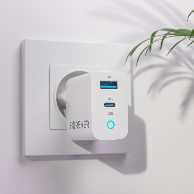 Forever TC-06-20AC PD QC seinälaturi 1x USB-C 1x USB 20W Forever TC-06-20AC PD QC seinälaturi 1x USB-C 1x USB 20W