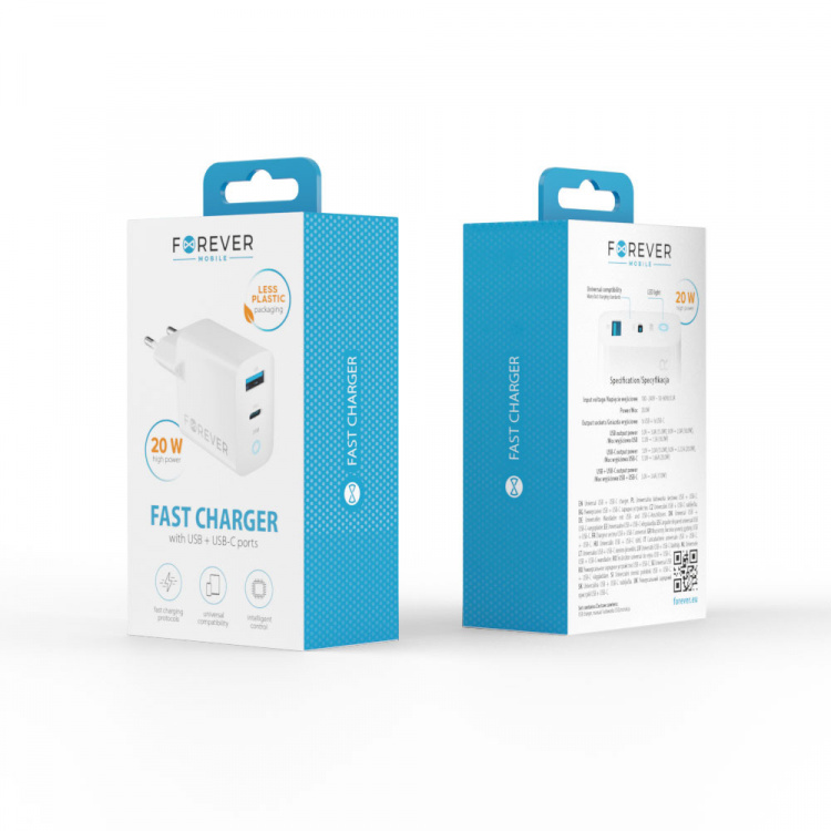 Forever TC-06-20AC PD QC seinälaturi 1x USB-C 1x USB 20W Forever TC-06-20AC PD QC seinälaturi 1x USB-C 1x USB 20W