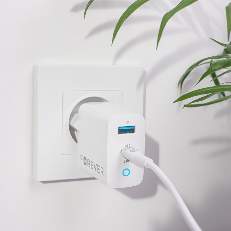 Forever TC-06-33AC PD QC seinälaturi 1x USB-C 1x USB 33W