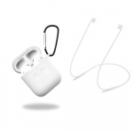 Silikoninen suojakotelo, jossa kuulokehihna ja riipus Apple Airpodsille, valkoinen/läpinäkyvä Silikoninen suojakotelo, jossa kuulokehihna ja riipus Apple Airpodsille, valkoinen/läpinäkyvä