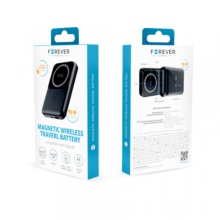 Forever MATB-100 Powerbank langattomalla latauksella, PD QC 22.5W 10000 mAh, musta