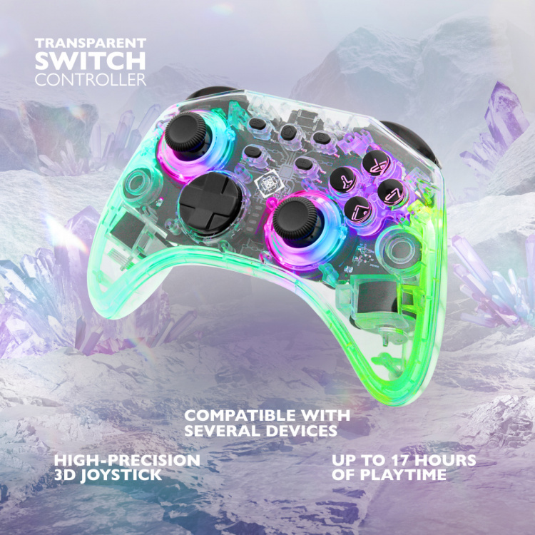 DELTACO Nintendo Switch -ohjain, läpinäkyvä, RGB, makronäppäimet