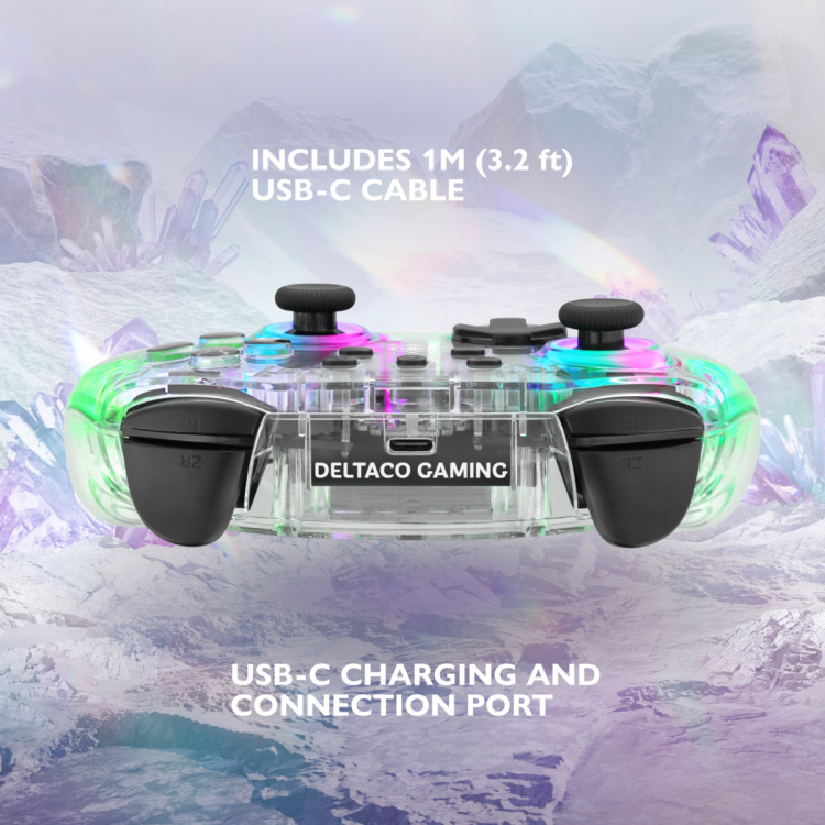 DELTACO Nintendo Switch -ohjain, läpinäkyvä, RGB, makronäppäimet