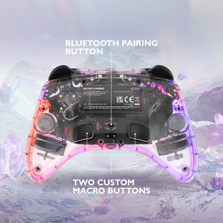 DELTACO Nintendo Switch -ohjain, läpinäkyvä, RGB, makronäppäimet