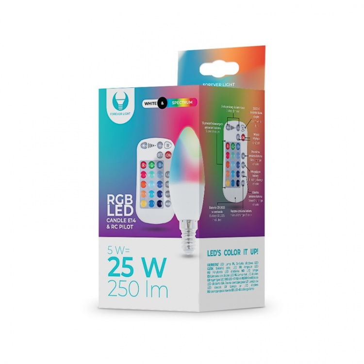 Kauko-ohjattava LED-valaisin RGB, E14, C37, 5W