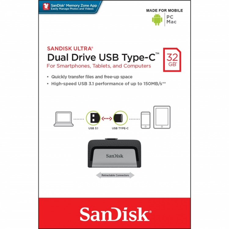 SANDISK Muistitikku 3.1 Ultra Dual 32 GB Type C