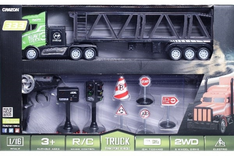 Crazon radiostyrd lastbil med släp och skyltar, skala 1:16, 2,4GHz