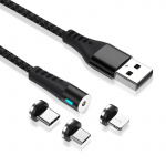 Maxlife MXUC-02 Magneettinen 3in1-latauskaapeli (Lightning/USB-C/microUSB) Pikalataus (2A), Musta