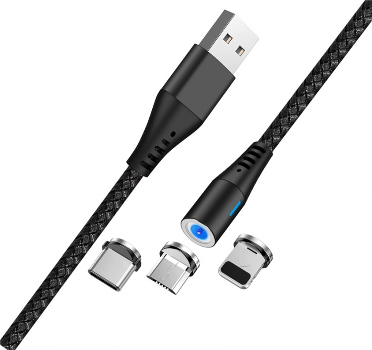Maxlife MXUC-02 Magneettinen 3in1-latauskaapeli (Lightning/USB-C/microUSB) Pikalataus (2A), Musta