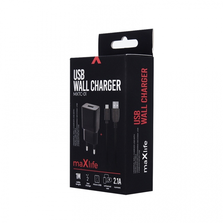 MXTC-01 USB-seinälaturi, pikalataus (2.1A) + microUSB-kaapeli, musta