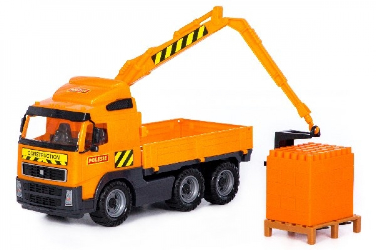 Volvo Lastbil med Kran + tegelstenar på pall 450x190x250mm