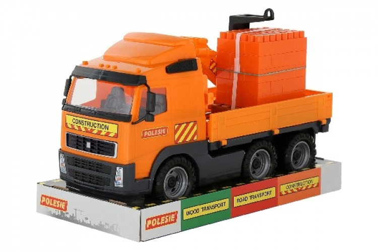 Volvo Lastbil med Kran + tegelstenar på pall 450x190x250mm