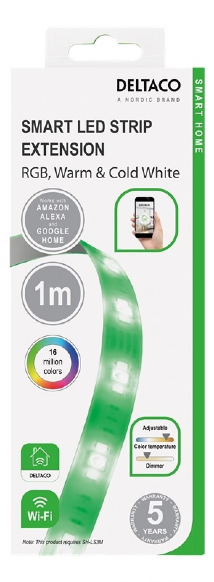 DELTACO SMART HOME RGB-valonauhan jatkokaapeli, 1m, 2700K-6500K, 6-pin