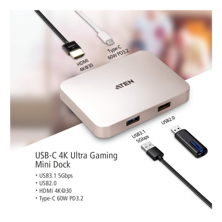 ATEN USB-C 4K Ultra Mini -telakka - PD60W