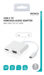 DELTACO USB-C-telakointiasema, HDMI/VGA/USB-C, 100W, PD 3.0, valkoinen DELTACO USB-C-telakointiasema, HDMI/VGA/USB-C, 100W, PD 3.0, valkoinen