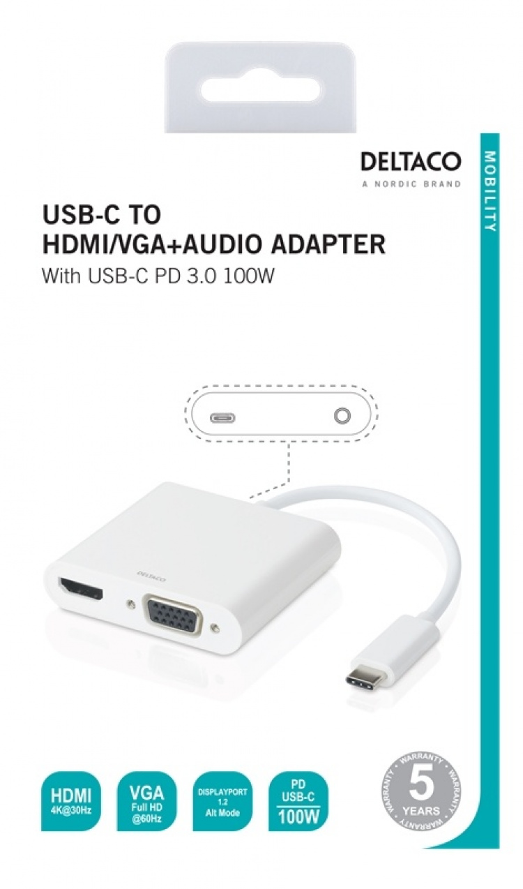 DELTACO USB-C-telakointiasema, HDMI/VGA/USB-C, 100W, PD 3.0, valkoinen DELTACO USB-C-telakointiasema, HDMI/VGA/USB-C, 100W, PD 3.0, valkoinen