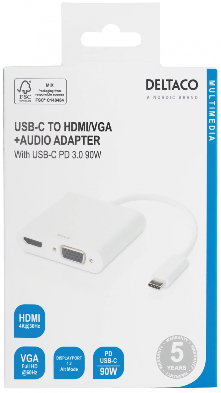 DELTACO USB-C-telakointiasema, HDMI/VGA/USB-C, 100W, PD 3.0, valkoinen DELTACO USB-C-telakointiasema, HDMI/VGA/USB-C, 100W, PD 3.0, valkoinen