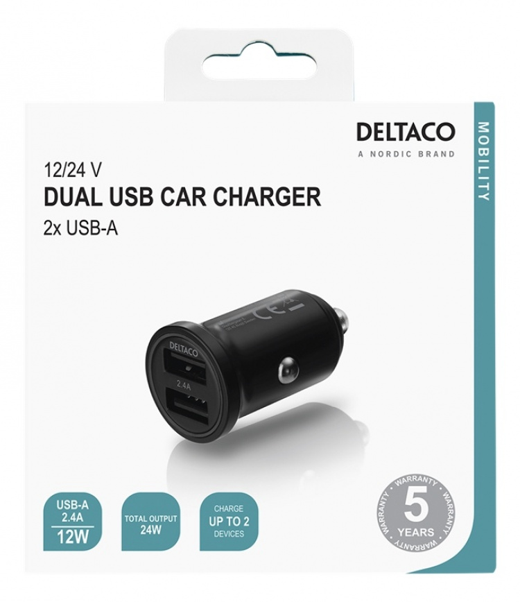 DELTACO USB-autolaturi, 2x USB-A, 12V/24V, 24W, musta DELTACO USB-autolaturi, 2x USB-A, 12V/24V, 24W, musta