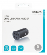 DELTACO kompakti USB-autolaturi, 12V/24V, 2x USB-A, 2,4A, 12W, musta