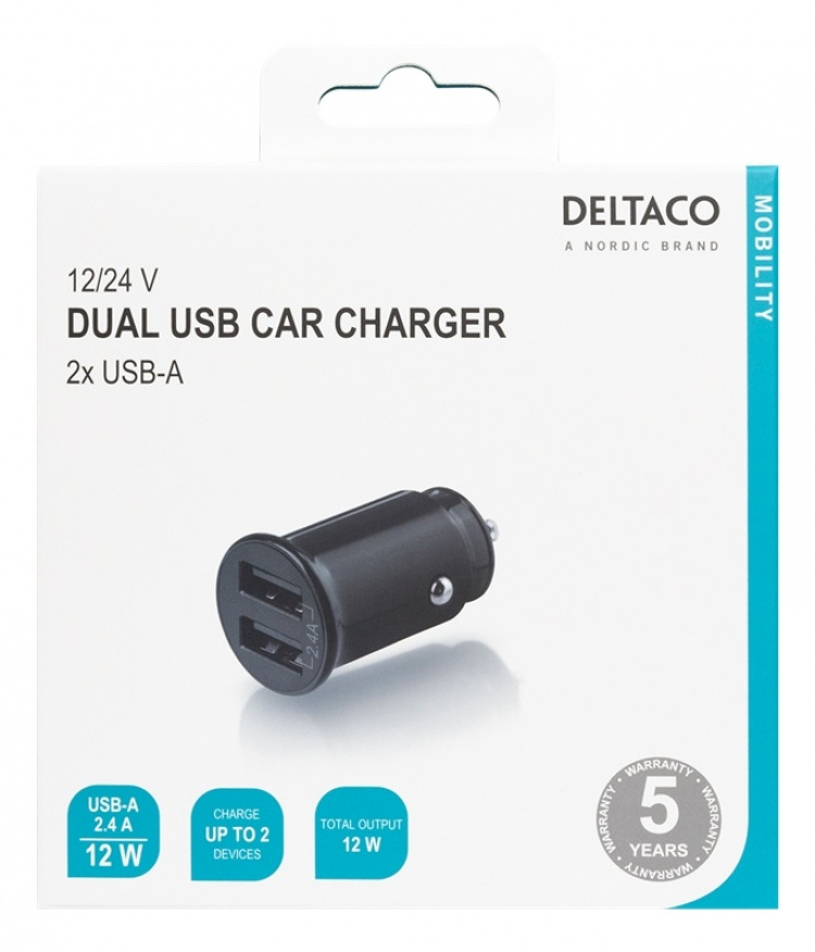 DELTACO kompakti USB-autolaturi, 12V/24V, 2x USB-A, 2,4A, 12W, musta