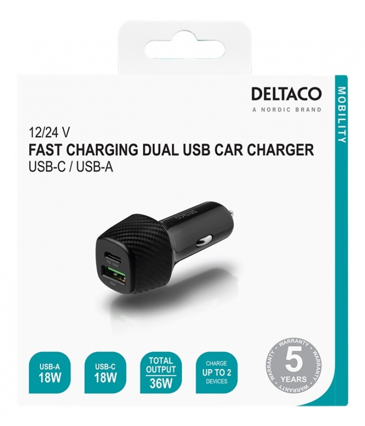 DELTACO USB-autolaturi, 1x USB-C, PD 18W, 1x USB-A, 18W, yhteensä 36W