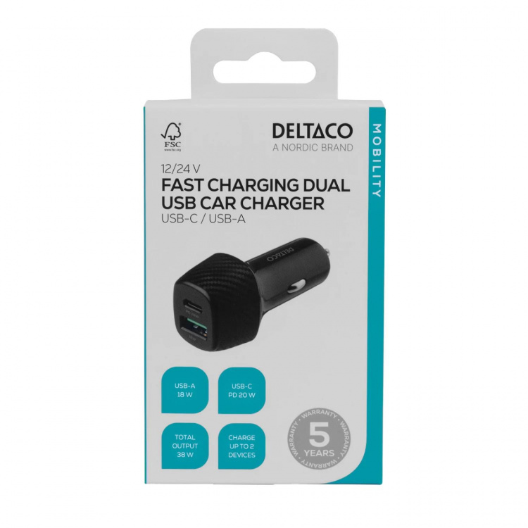 DELTACO USB-autolaturi, 1x USB-C, PD 18W, 1x USB-A, 18W, yhteensä 36W