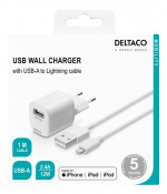 DELTACO USB-A-seinälaturi, sis. USB-A - Lightning-kaapelin, 1m, valk. DELTACO USB-A-seinälaturi, sis. USB-A - Lightning-kaapelin, 1m, valk.