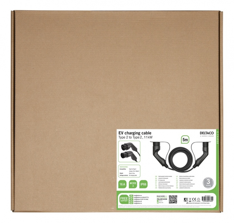 DELTACO e-Charge, kaapeli Type 2 - Type 2, 3-vaihe, 16A, 5m, musta