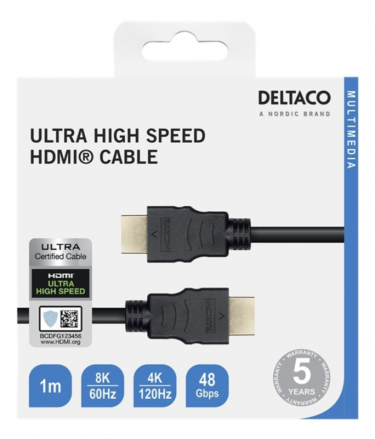 DELTACO ultranopea HDMI-kaapeli, 48Gbps, 1m, musta