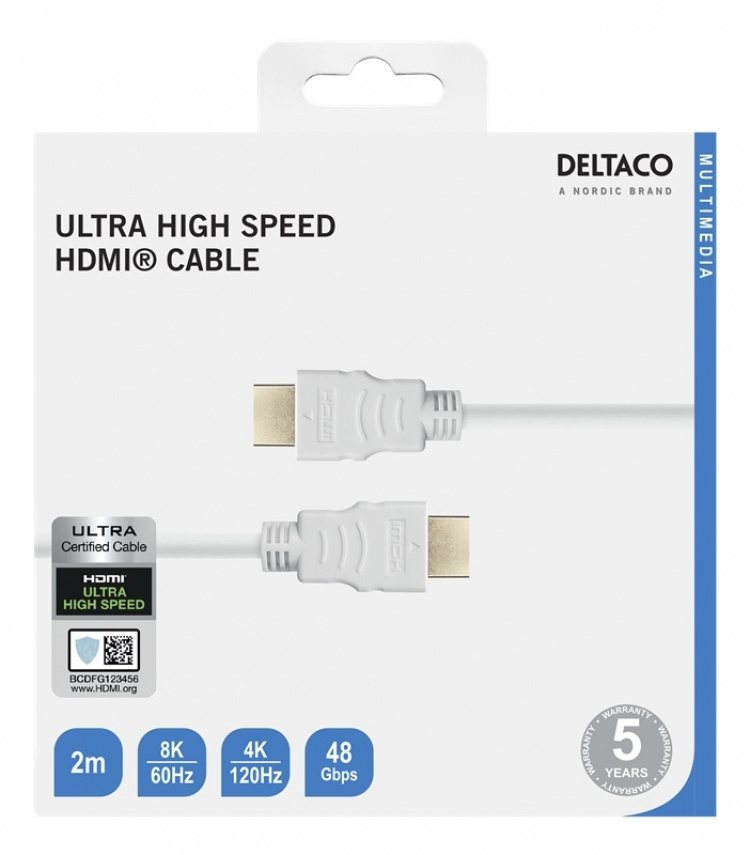 DELTACO ultranopea HDMI-kaapeli, 48Gbps, 2m, valkoinen DELTACO ultranopea HDMI-kaapeli, 48Gbps, 2m, valkoinen