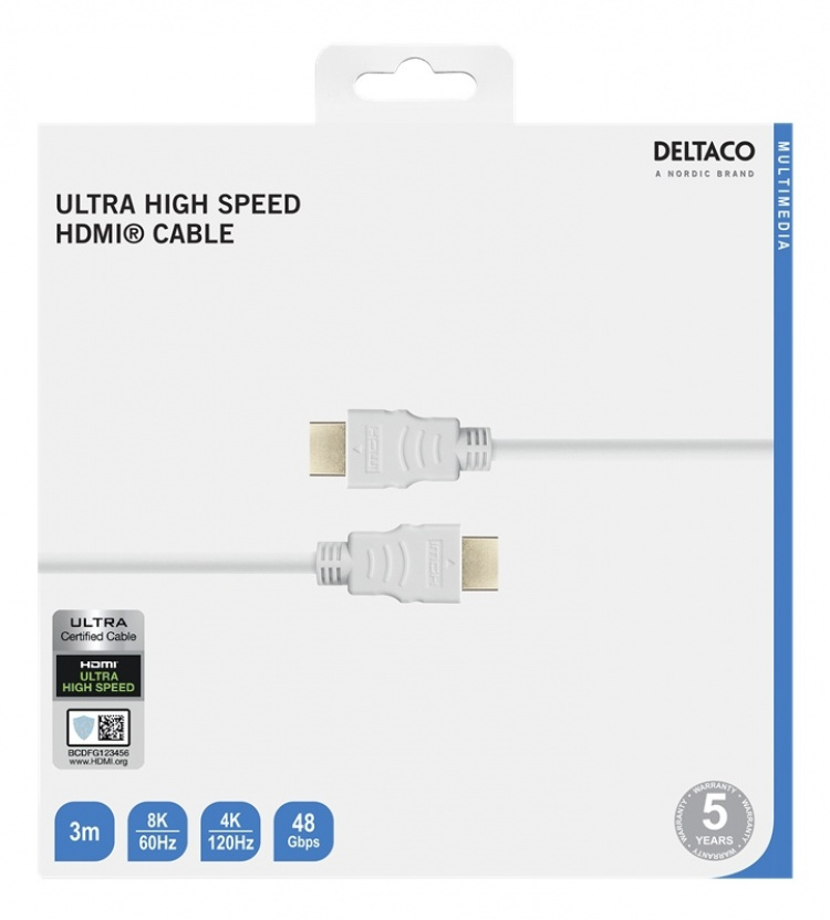DELTACO ultranopea HDMI-kaapeli, 48Gbps, 3m, valkoinen DELTACO ultranopea HDMI-kaapeli, 48Gbps, 3m, valkoinen