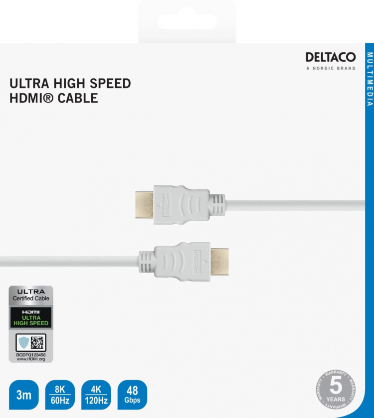 DELTACO ultranopea HDMI-kaapeli, 48Gbps, 3m, valkoinen DELTACO ultranopea HDMI-kaapeli, 48Gbps, 3m, valkoinen