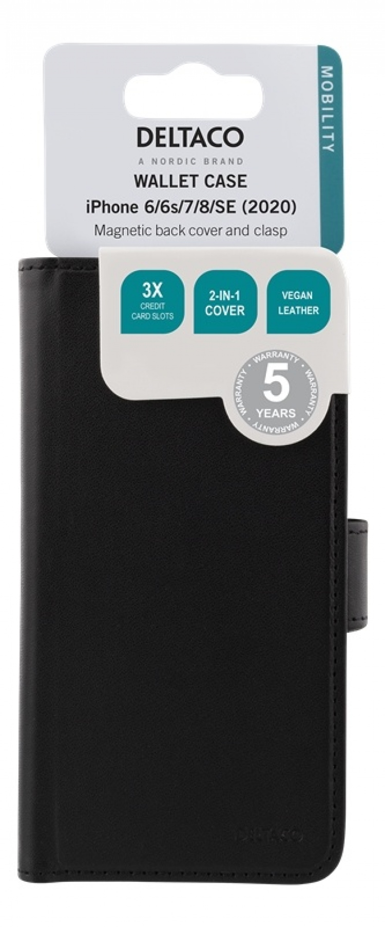 DELTACO lompakkokotelo iPhone 6/6s/7/8/SE (2020/2022), magn.kuori