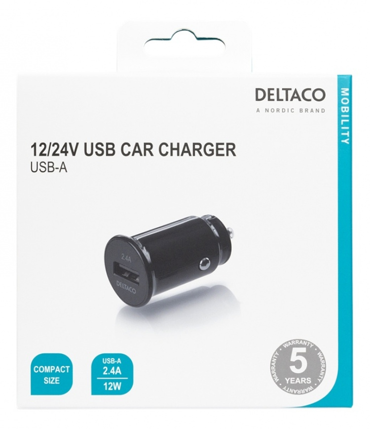 DELTACO kompakti USB-autolaturi, 12V/24V, 1x USB-A, 2,4A, 12W, musta DELTACO kompakti USB-autolaturi, 12V/24V, 1x USB-A, 2,4A, 12W, musta