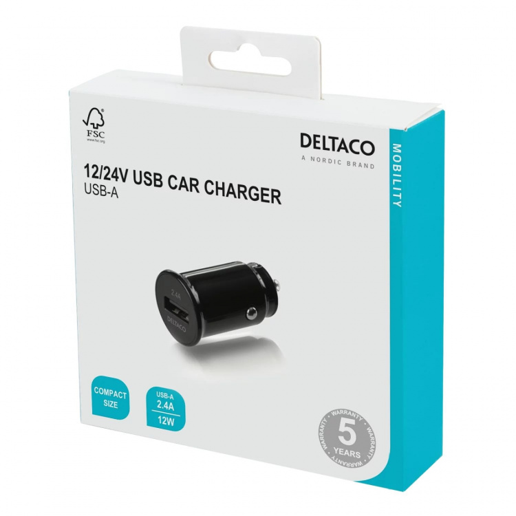 DELTACO kompakti USB-autolaturi, 12V/24V, 1x USB-A, 2,4A, 12W, musta DELTACO kompakti USB-autolaturi, 12V/24V, 1x USB-A, 2,4A, 12W, musta