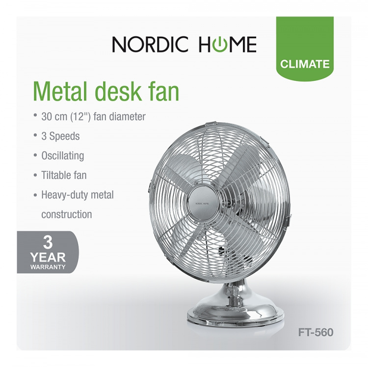 NORDIC HOME pöytätuuletin, 3 nopeutta, kääntymistoiminto, 30mm, kromi