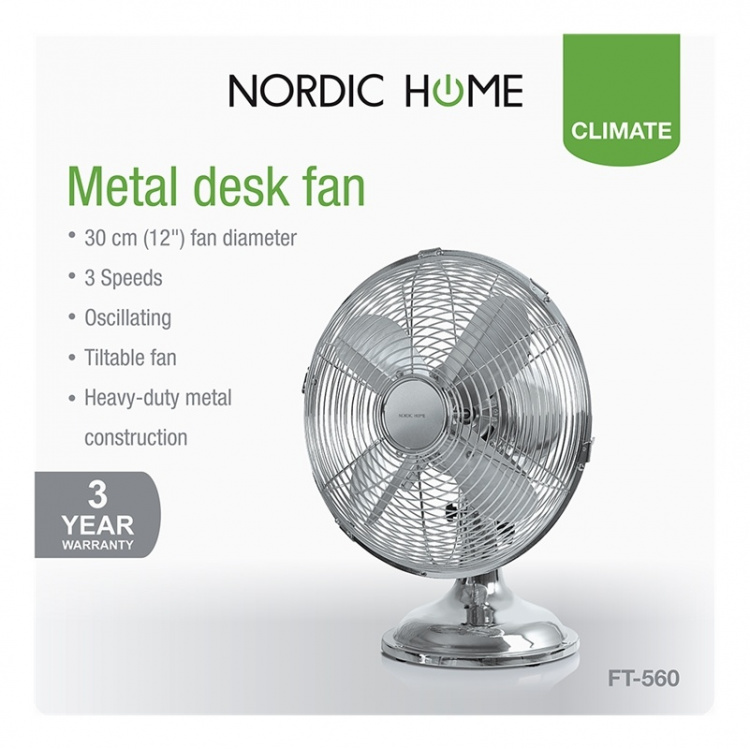 NORDIC HOME pöytätuuletin, 3 nopeutta, kääntymistoiminto, 30mm, kromi