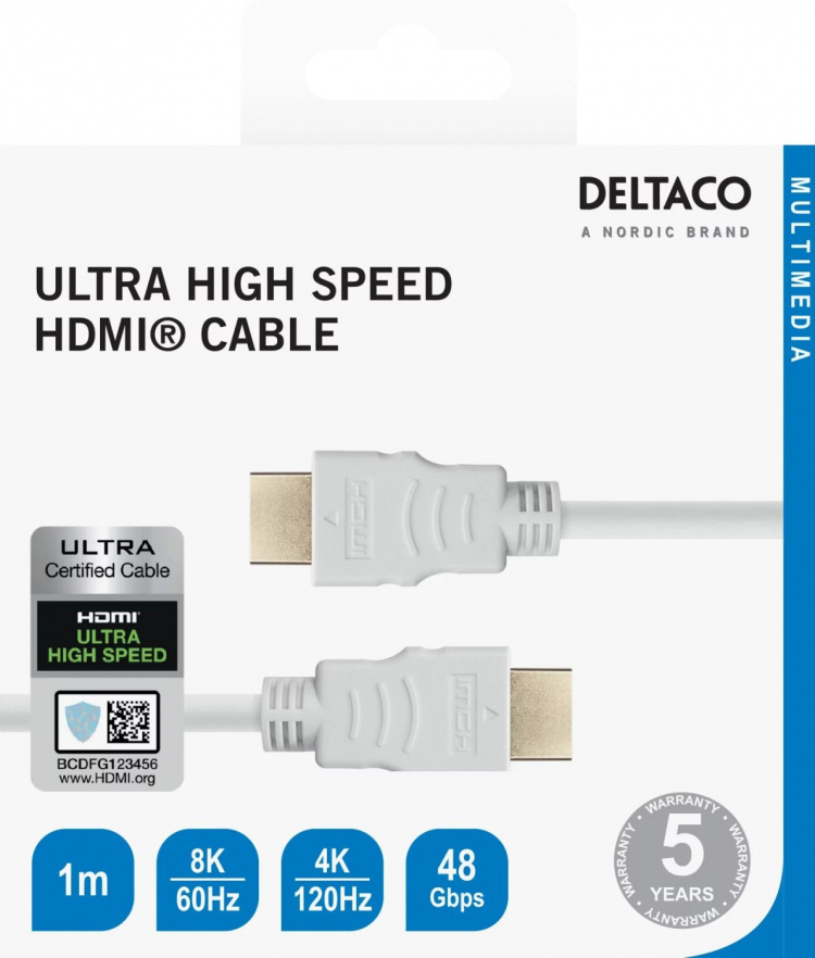 DELTACO ultranopea HDMI-kaapeli, 48Gbps, 1m, valkoinen DELTACO ultranopea HDMI-kaapeli, 48Gbps, 1m, valkoinen