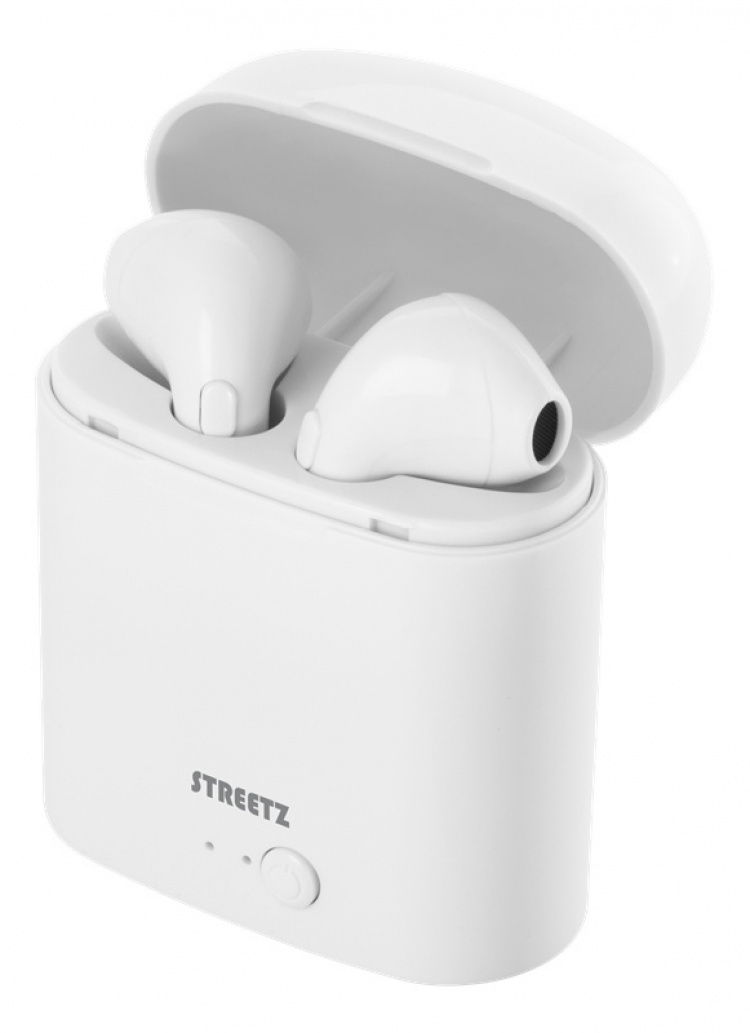 STREETZ täyslangattomat nappikuulokkeet, stereo, latausalusta, valk.