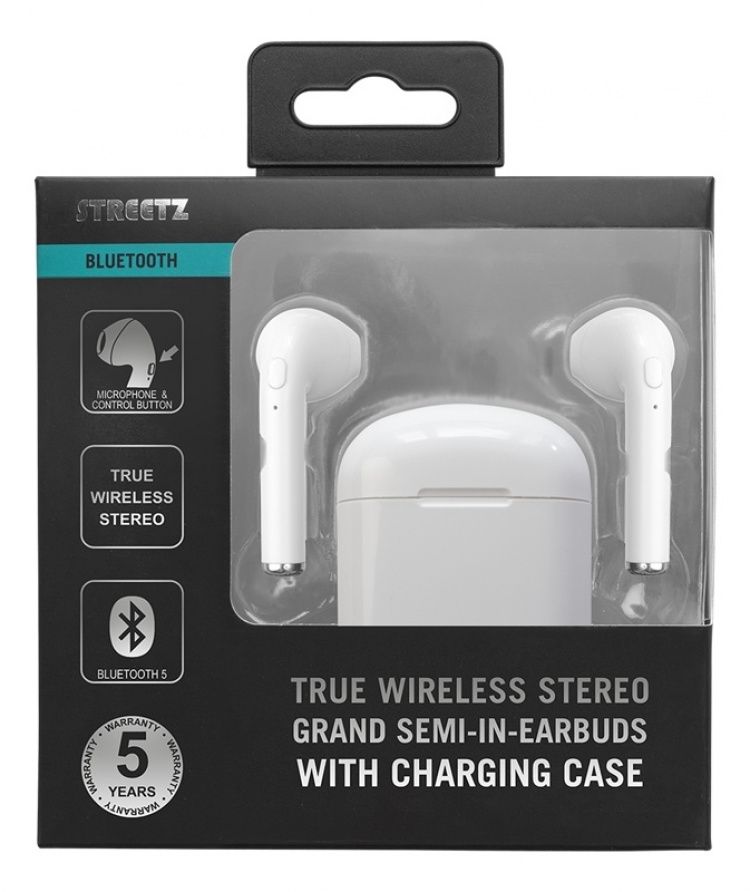 STREETZ täyslangattomat nappikuulokkeet, stereo, latausalusta, valk.