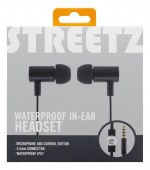 STREETZ vesitiivis kuulokemikrof., in-ear, ohjauspainike, 3,5mm, musta