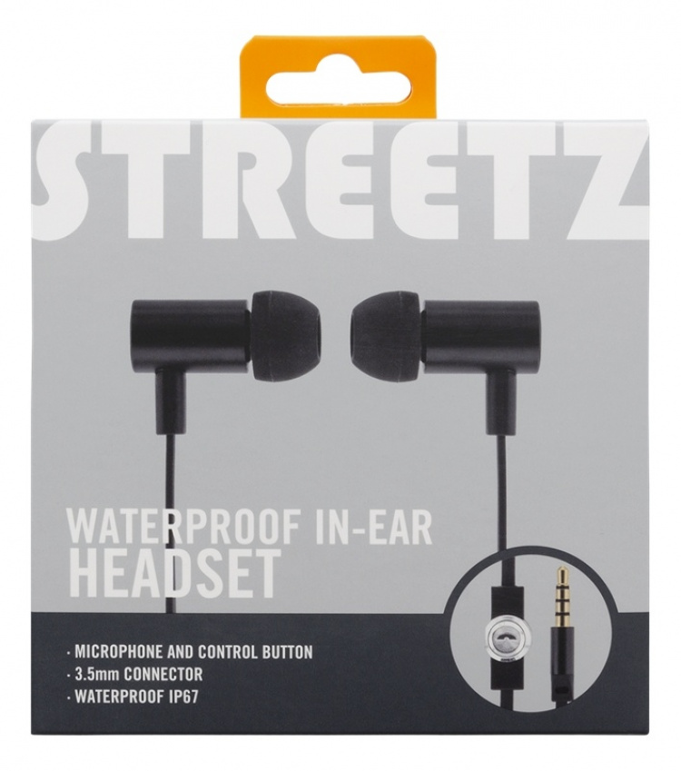 STREETZ vesitiivis kuulokemikrof., in-ear, ohjauspainike, 3,5mm, musta
