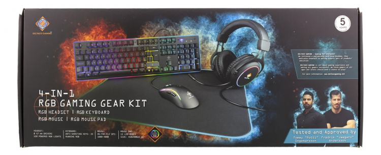 DELTACO GAMING 4in1 RGB-kit, jossa näppäimistö, hiiri, kuulokkeet, hiirimatto
