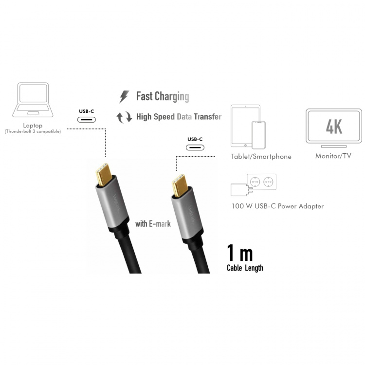 LogiLink USB-C-kabel PD 3.0 100W 10Gbps
