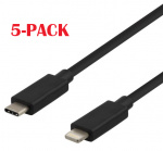 5-PACK kaapeli USB-C - Lightning, 2.4A, 1m, musta