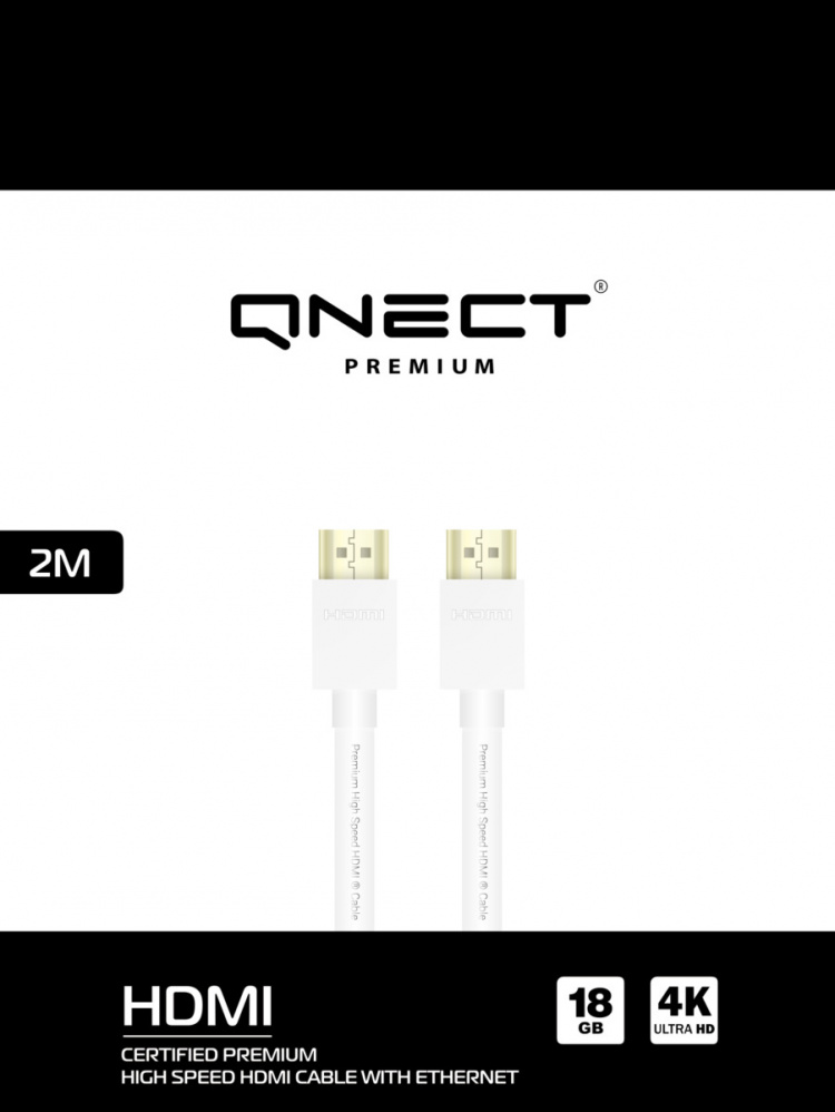 QNECT Premium High Speed HDMI ja Ethernet 4K UHD 18GB, 2m, valkoinen QNECT Premium High Speed HDMI ja Ethernet 4K UHD 18GB, 2m, valkoinen