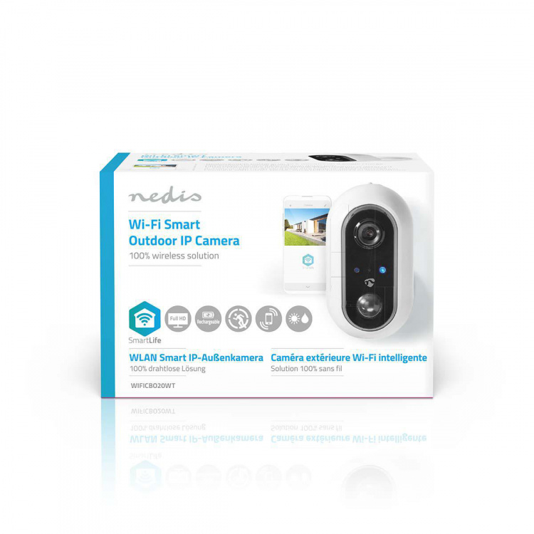 Nedis SmartLife Ulkokamera | Wi-Fi | Full HD 1080p | IP65 | Maks. akunkesto: 4 kuukautta | MicroSD (ei sisälly) / Pilvipalvelutallennus (valinnainen) | 5 V DC | Liiketunnistimella | Yökuvaus | Valkoinen