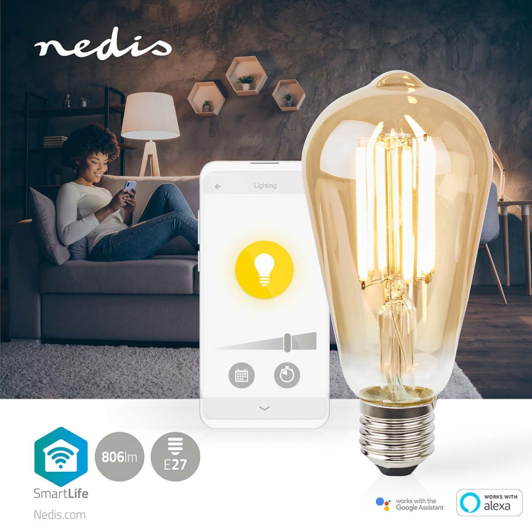 Nedis SmartLife LED Filamenttilamppu | E27 | 806 lm | 7 W | Lämmin Valkoinen | 1800 - 3000 K | Lasi | Android™ / IOS | ST64 | 1 kpl