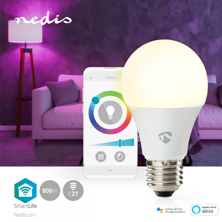 Nedis SmartLife RGB Lamppu | E27 | 806 lm | 9 W | Lämpimästä kylmään valkoiseen / RGB | 2700 - 6500 K | Android™ / IOS | polttimo | 1 kpl