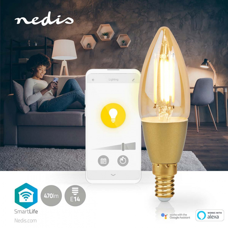 Nedis SmartLife LED Filamenttilamppu | E14 | 470 lm | 4.90 W | Lämmin Valkoinen | 1800 - 3000 K | Lasi | Android™ / IOS | Kynttilä | 1 kpl Nedis SmartLife LED Filamenttilamppu | E14 | 470 lm | 4.90 W | Lämmin Valkoinen | 1800 - 3000 K | Lasi | Android™ / IOS | Kynttilä | 1 kpl